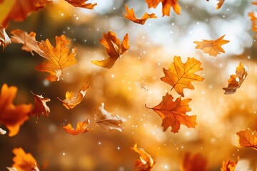 Poster - Falling Autumn Leaves in a Blurred Golden Background