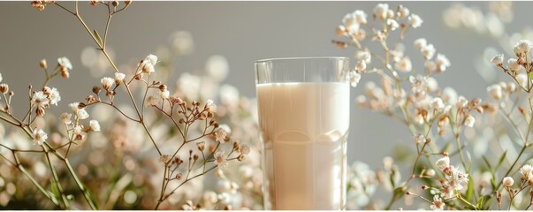 Glass of Milk Surrounded by Delicate White Flowers in Bright Natural Light