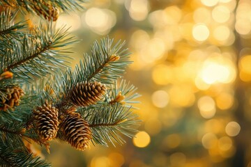 Wall Mural - Close-up of Pine Cones on a Branch with a Golden Bokeh Background