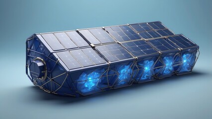 Low poly style illustration of blue solar battery with wireframe connections, representing renewable energy in a futuristic 3D design