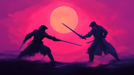 Two silhouetted warriors engage in a sword duel against a vibrant pink sunset backdrop.