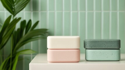 Modern storage containers in soft colors, set against a subtle green backdrop, exude minimalist style and organization.