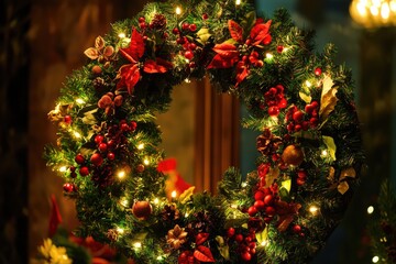 Sticker - A Christmas Wreath Decorated with Red Berries, Pinecones, and Lights