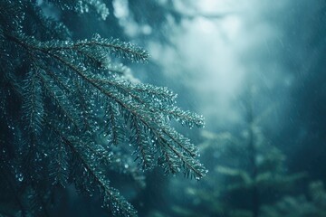 Wall Mural - Close-up of a Pine Branch Covered in Raindrops in a Forest