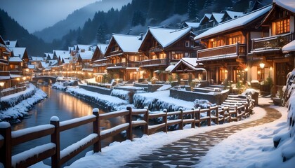 Wall Mural - Charming winter evening in a quaint snowy village by a serene river