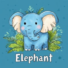 a cute hand-drawn blue elephant with rounded features stands amidst tropical green leaves on a blue 