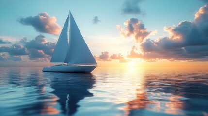 Wall Mural - A serene sailboat gliding over calm waters at sunset.