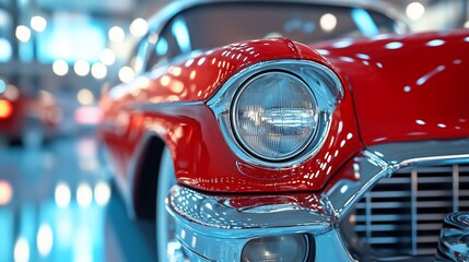 Close-up of a red classic car's headlight, chrome grille and bumper.