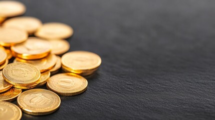 A close-up view of scattered golden coins on a dark surface, highlighting their shiny texture and details.