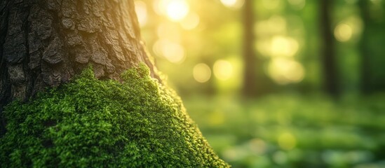 Poster - Close-up of a moss-covered tree trunk in a sun-dappled forest.