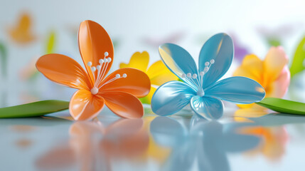 Wall Mural - Colorful 3D flowers on a shiny white background.