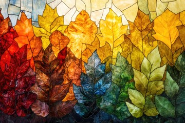 Sticker - Stained Glass Artwork Depicting Colorful Autumn Leaves