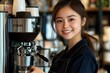 © Outkast - Young Woman Working at a Coffee Shop, Filling a Portafilter