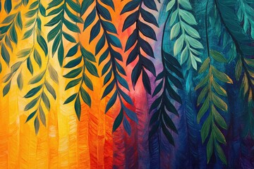 Poster - Abstract Painting with Green Leaves Against a Multicolored Background