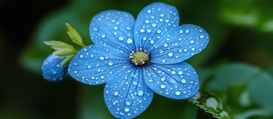 Sticker - A single blue flower with water droplets on its petals, against a blurred green background.