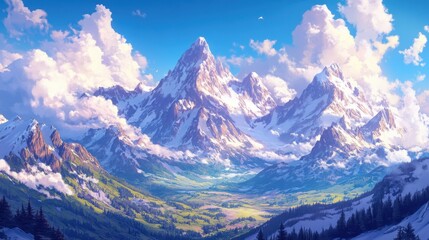 A panoramic view of a majestic snow mountain range, with sharp peaks glistening in the sunlight and fluffy clouds drifting above.