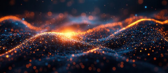 Wall Mural - Abstract digital waves glowing with warm light.