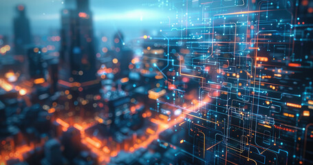 Fototapete - Smart city digital world, 3D, AI artificial intelligence, digital technology, security, power energy, sustainable, environment, technology, futuristic interface. taken from an elevated position.