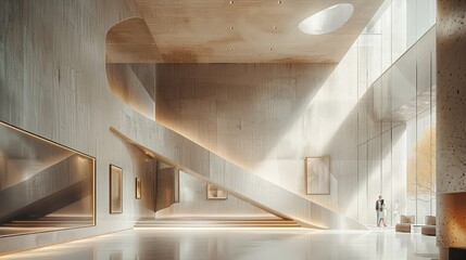 Leinwandbilder - Luxury art museum space featuring enormous open galleries, high ceilings, The architecture combines sleek, minimalist concrete walls with luxurious touches like gold accents and marble floors.