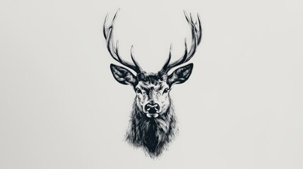 Wall Mural - pen and ink sketch, head of deer with full antlers, white background