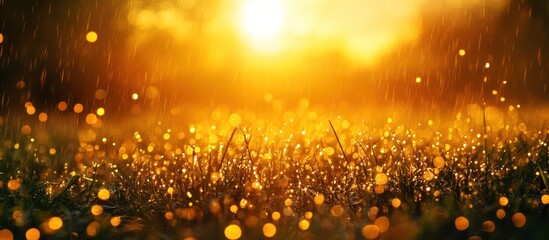 Golden sunset shining through rain drops on a field of grass.