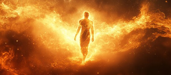 Wall Mural - a humanoid figure with fiery wings stands against a fiery background.