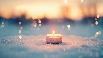 Wall Mural - A flickering candle adds warmth to fresh snow on a tranquil winter evening, surrounded by soft twinkling lights