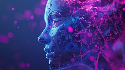 Poster - An artistic depiction of a translucent female face surrounded by vibrant colors and glowing particles in a futuristic setting