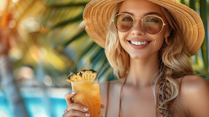 Beautiful woman in sunglasses and straw hat holding a pineapple cocktail, drinking on a colorful nature background.