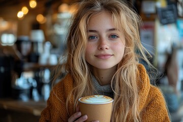 Beautiful young woman drinking latte art coffee in cozy cafe