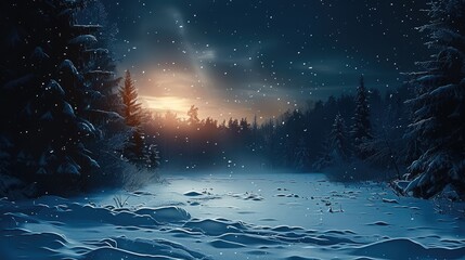 Winter, snowfield, forest, in the dark night.