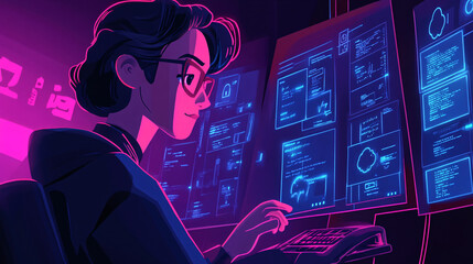 animated hacker woman working on computer with neon lights in dark room - digital art illustration