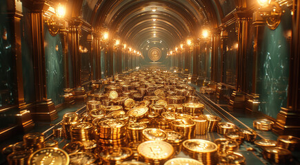 Poster - Gold coins fill the vault, representing secure investments and wealth storage.