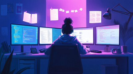 animated purple and blue night office scene with programmer at desk