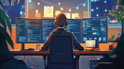 animated nighttime programmer working on code in front of multiple monitors  - blue, purple, green, laptop, desk