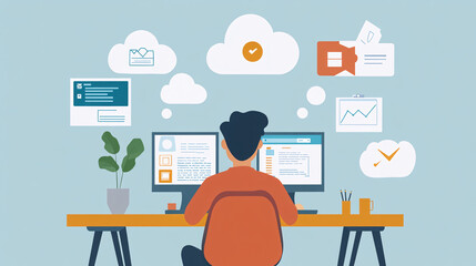 animated flat illustration of man working at desk in front of two computers with cloud icons surrounding him - blue and orange theme