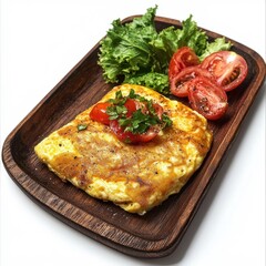 Omelet on a wooden tray, isolated on white background, styled in a rustic and cozy manner.