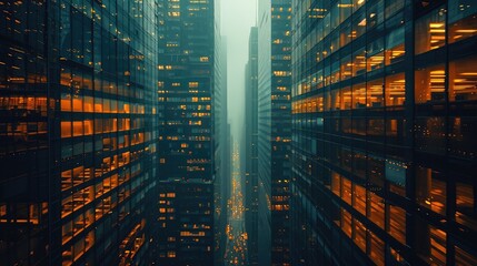 Wall Mural - A city with dense skyscrapers. Lots of glass and steel and reflections between buildings. Gritty.