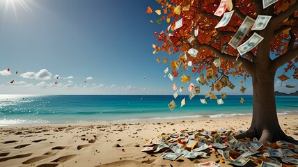 Wall Mural - Tree of prosperity with banknotes as leaves swaying by a vibrant beach, embodying wealth and the essence of financial freedom.