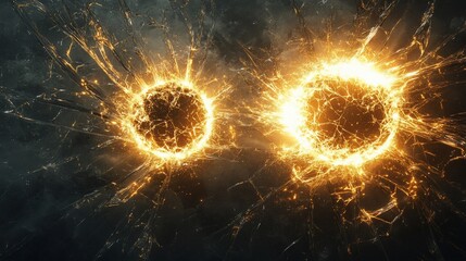 Two glowing spheres of energy with sparks and smoke on a dark background.