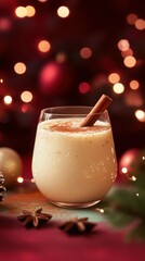 Eggnog in a glass with a cinnamon stick, placed on a mint table with a deep crimson backdrop and shimmering fairy lights, copy space, Merry Christmas background, festive drink promo, holiday eggnog ad