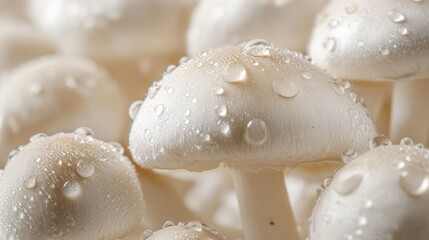 Isolated close-up of white mushrooms with water droplets, highlighting texture and freshness