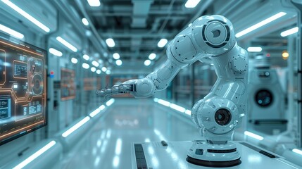 Leinwandbilder - A sleek, modern industrial environment showing a futuristic factory floor with advanced robotic arms and AI-driven interfaces displayed on transparent screens.