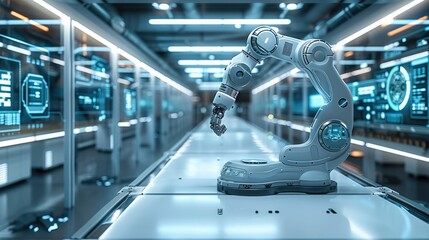 Leinwandbilder - A sleek, modern industrial environment showing a futuristic factory floor with advanced robotic arms and AI-driven interfaces displayed on transparent screens.