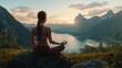 © Johannes - Facing back young woman practicing meditation or yoga, sitting on a rock over the mountain with beautiful lake view at sunrise or sunset.