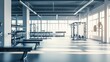 © savittree - Modern gym interior with weight benches, barbells, and racks, isolated and brightly lit