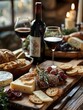 © visoot - A rustic wooden table elegantly set with a gourmet spread of cheeses, freshly baked bread, and deep-red wine swirls in a crystal glass.