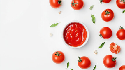 Delicious tomato sauce garnished with fresh basil, tomatoes spread on a white backdrop, top view, flat lay, ideal for Italian recipe presentations