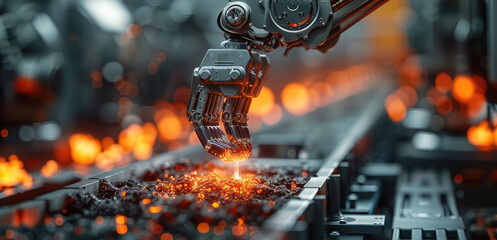 Poster - Robotic arm delicately extracting glowing red metal from a furnace, every movement precise and calculated.