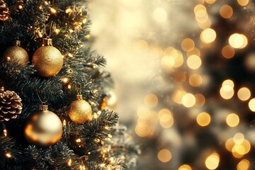 Decorated christmas tree pine on blurred gold background bokeh light banner.